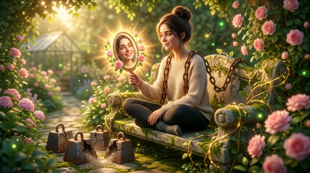 Mulher em momento de amor-próprio e resgate emocional refletida em espelho dourado Relacionamento e Amor-Próprio